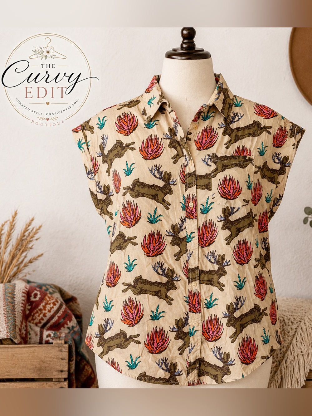 Cotton & Rye XL Jackalope Desert Western Boho Button Front Shirt Fall Ready